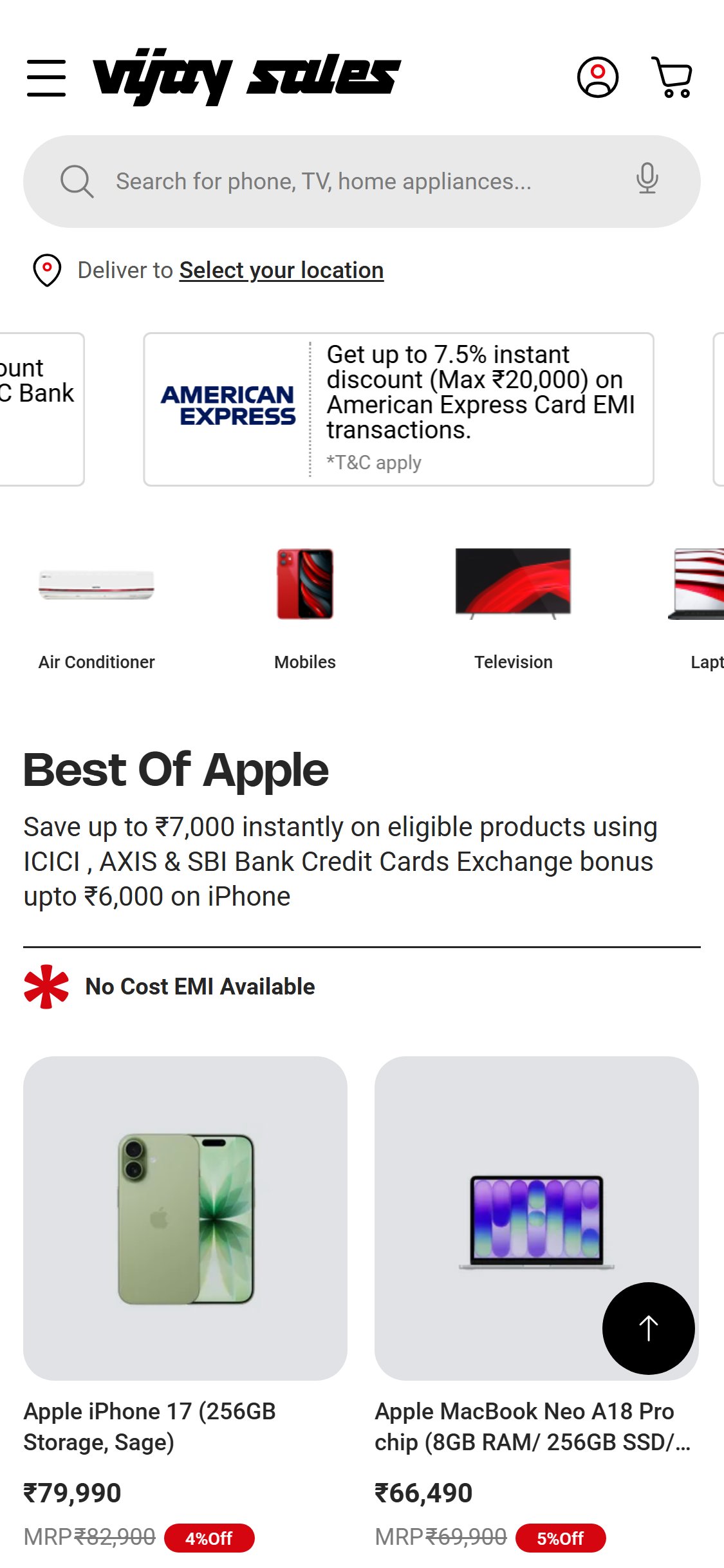 Vijay Sales â€” Category Strip + Product Cards with Discount Badges