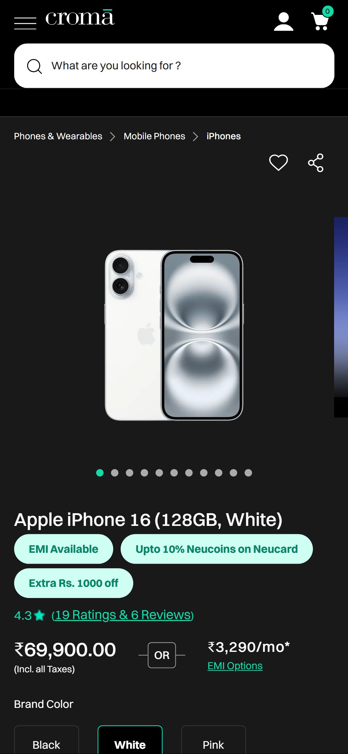 Croma â€” iPhone 16 PDP with 4.3â˜… Ratings + EMI Info